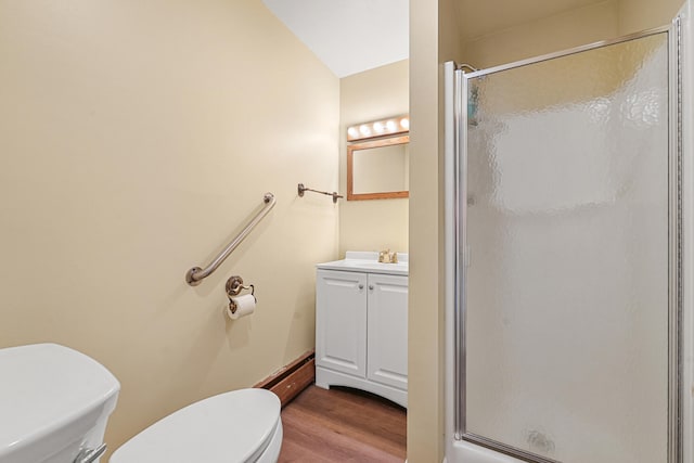 117 Timber Trl, Roscommon, MI 48653 - bathroom featuring a stall shower, vanity, and wood finished floors