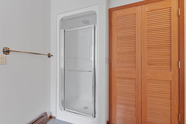 117 Timber Trl, Roscommon, MI 48653 - bathroom featuring a closet, a stall shower, and a baseboard heating unit