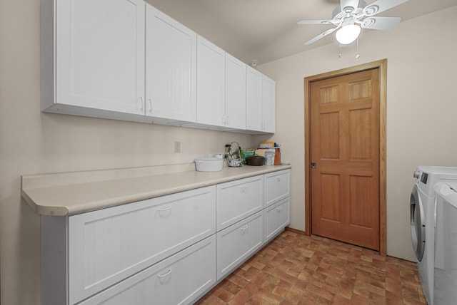 117 Timber Trl, Roscommon, MI 48653 - washroom featuring washing machine and dryer, cabinet space, brick flooring, and ceiling fan