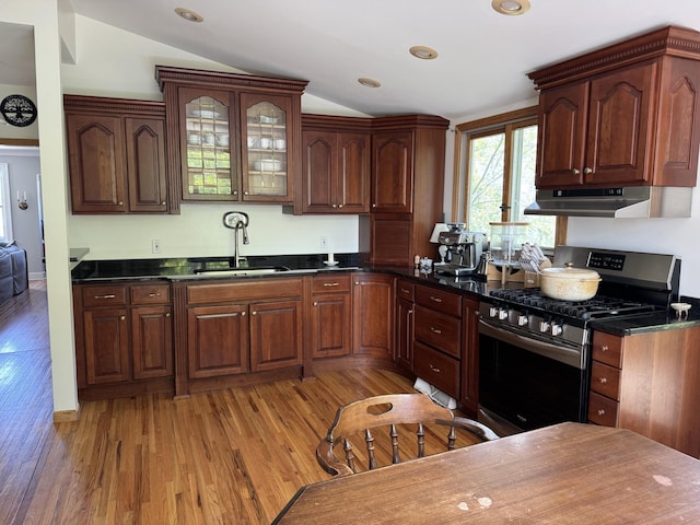 2111 W 3rd, Sault Ste Marie, MI 49783 - kitchen with stainless steel gas range oven, under cabinet range hood, lofted ceiling, a sink, and light wood-style floors