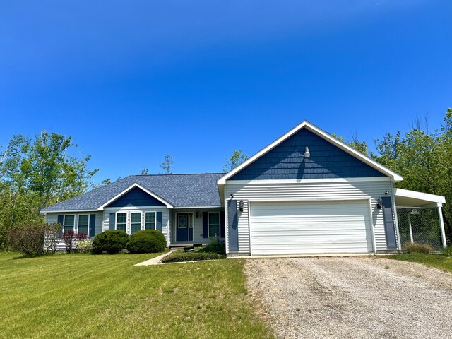 1745 Mullett Lake Woods Rd, Cheboygan, MI 49721 - single story home featuring dirt driveway, a front lawn, a garage, and roof with shingles
