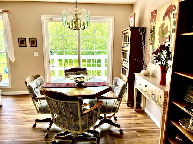 1745 Mullett Lake Woods Rd, Cheboygan, MI 49721 - dining room featuring a chandelier, wood finished floors, and baseboards