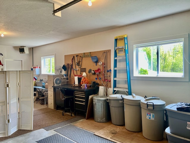 1745 Mullett Lake Woods Rd, Cheboygan, MI 49721 - misc room featuring a workshop area, a textured ceiling, and carpet