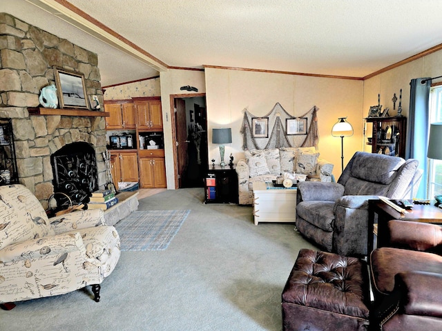 106 Hazel St, Saint Ignace, MI 49781 - living area with crown molding, light colored carpet, a textured ceiling, and a stone fireplace