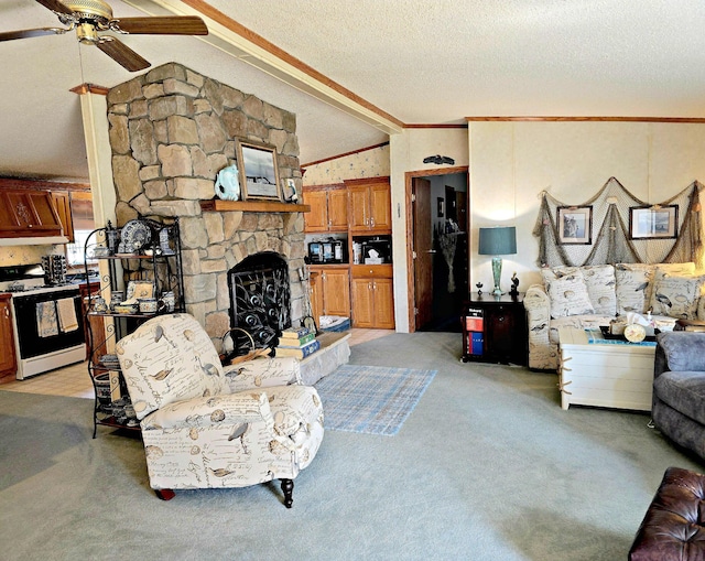 106 Hazel St, Saint Ignace, MI 49781 - living room with light carpet, a textured ceiling, ceiling fan, lofted ceiling, and a stone fireplace