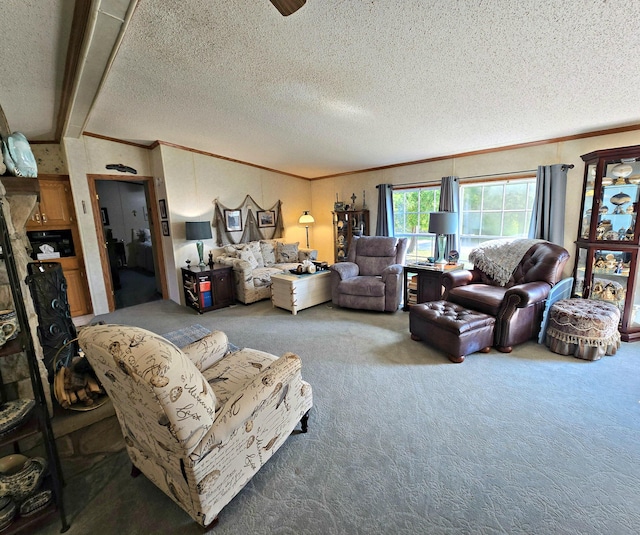 106 Hazel St, Saint Ignace, MI 49781 - carpeted living room with crown molding and a textured ceiling