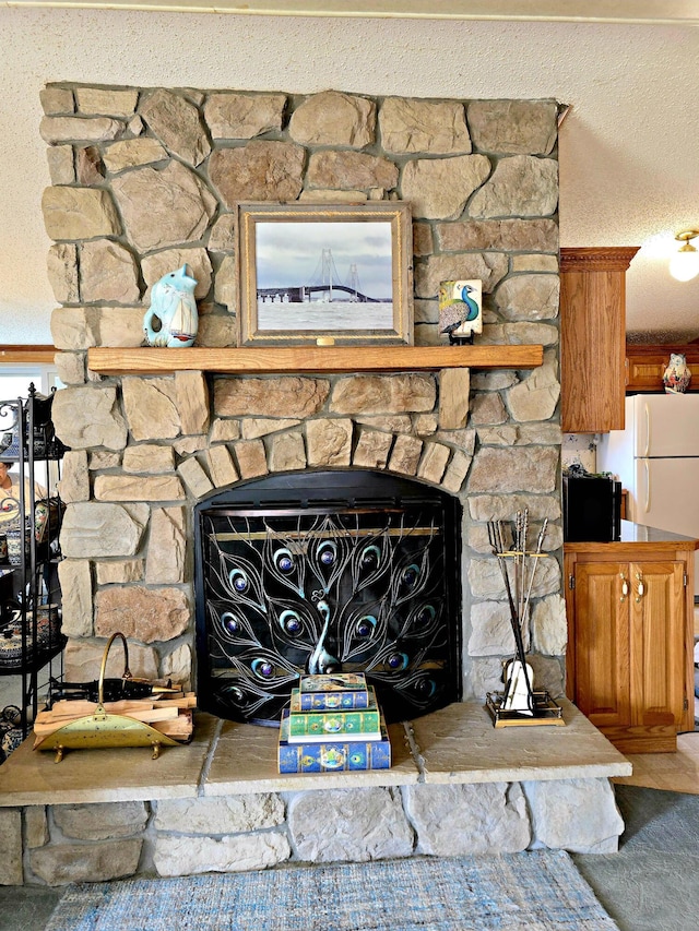 106 Hazel St, Saint Ignace, MI 49781 - detailed view of a fireplace and freestanding refrigerator