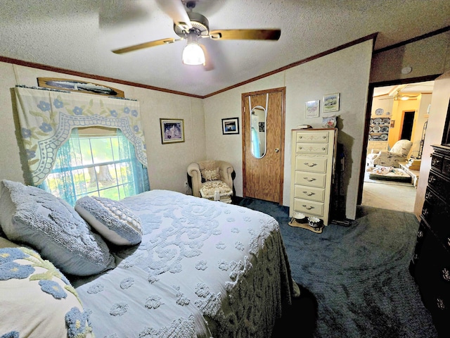 106 Hazel St, Saint Ignace, MI 49781 - bedroom featuring carpet flooring, crown molding, a ceiling fan, and a textured ceiling