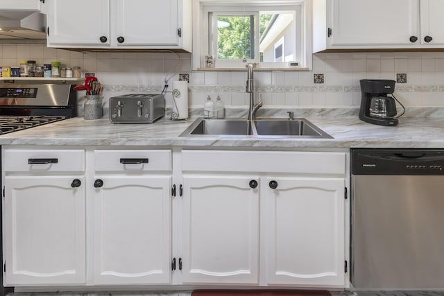 217 Cherry St, Houghton Lake, MI 48629 - kitchen featuring dishwasher, range, extractor fan, white cabinetry, and backsplash