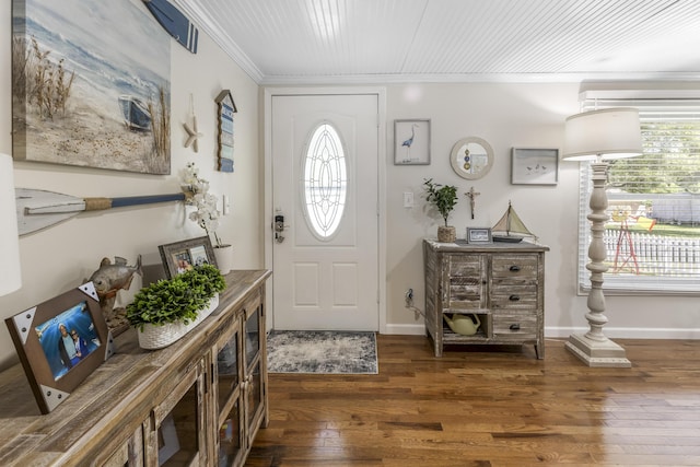 217 Cherry St, Houghton Lake, MI 48629 - entryway with hardwood / wood-style floors, crown molding, and a wall mounted air conditioner