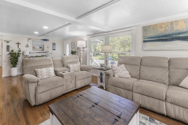 217 Cherry St, Houghton Lake, MI 48629 - living area with wood-type flooring, ornamental molding, beamed ceiling, and recessed lighting