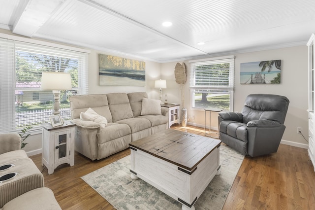 217 Cherry St, Houghton Lake, MI 48629 - living area with wood finished floors, ornamental molding, and recessed lighting