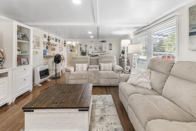 217 Cherry St, Houghton Lake, MI 48629 - living area with heating unit, wood finished floors, beamed ceiling, and recessed lighting