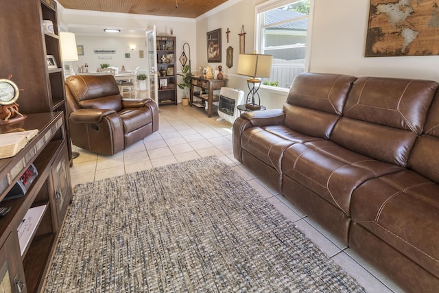 217 Cherry St, Houghton Lake, MI 48629 - living room with crown molding, light tile patterned floors, heating unit, and wood ceiling
