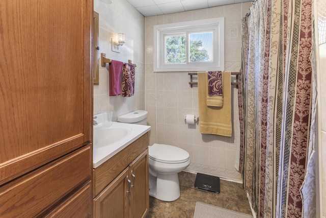 217 Cherry St, Houghton Lake, MI 48629 - full bathroom with vanity, tile walls, a shower with curtain, and tile patterned floors