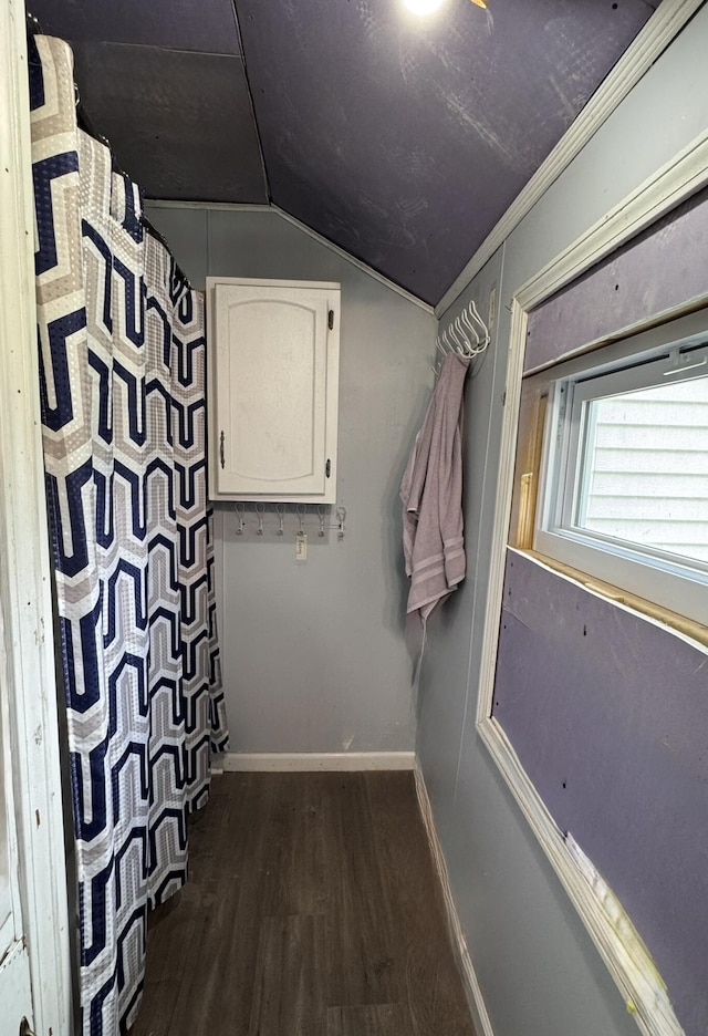 3134 Kneeland St, Lewiston, MI 49756 - full bathroom with lofted ceiling, wood finished floors, and baseboards