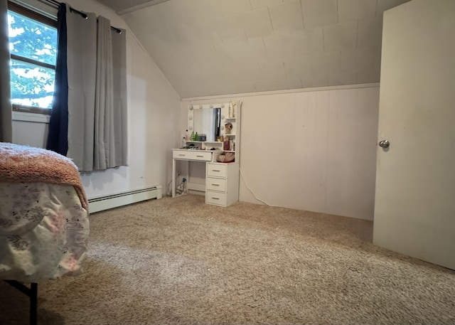 3134 Kneeland St, Lewiston, MI 49756 - bedroom featuring baseboard heating, light colored carpet, and lofted ceiling
