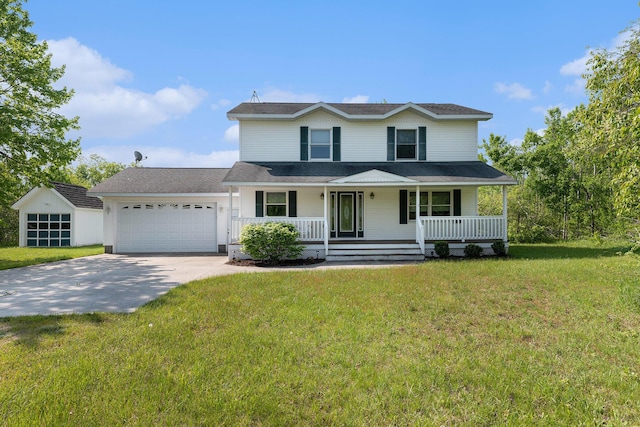 10702 Southwood Dr, Mancelona, MI 49659 - view of front facade featuring a porch, a garage, concrete driveway, a front lawn, and a shingled roof