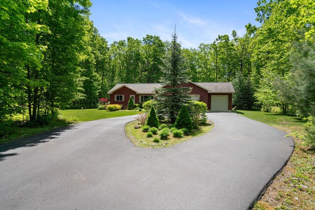 11193 Hassler Woods Trl, Alanson, MI 49706 - single story home with a front lawn, asphalt driveway, and a wooded view
