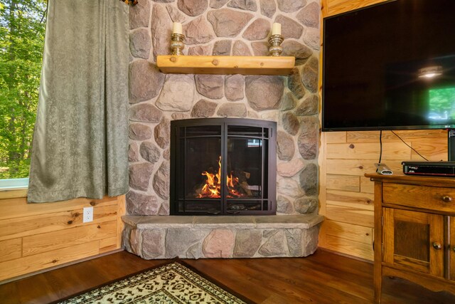 11193 Hassler Woods Trl, Alanson, MI 49706 - detailed view of wood finished floors and a stone fireplace