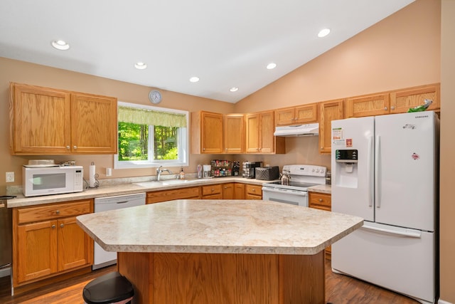 11193 Hassler Woods Trl, Alanson, MI 49706 - kitchen with white appliances, under cabinet range hood, light countertops, dark wood-style floors, and lofted ceiling