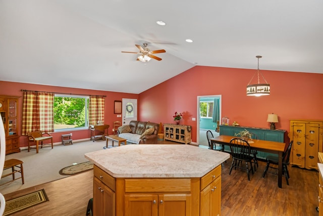 11193 Hassler Woods Trl, Alanson, MI 49706 - kitchen with ceiling fan, light countertops, vaulted ceiling, open floor plan, and healthy amount of natural light