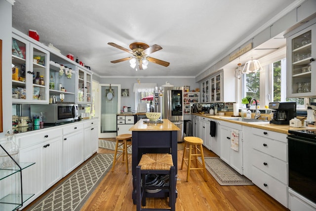 7106 Douglas Lake Rd, Johannesburg, MI 49751 - kitchen with open shelves, a sink, stainless steel appliances, a ceiling fan, and butcher block counters