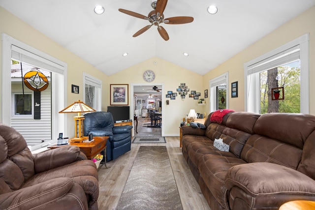 7106 Douglas Lake Rd, Johannesburg, MI 49751 - living area featuring a ceiling fan, wood finished floors, lofted ceiling, and recessed lighting