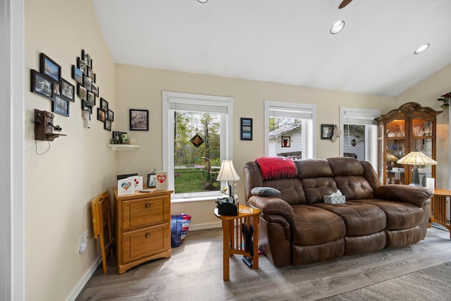 7106 Douglas Lake Rd, Johannesburg, MI 49751 - living area with wood finished floors, vaulted ceiling, baseboards, and recessed lighting