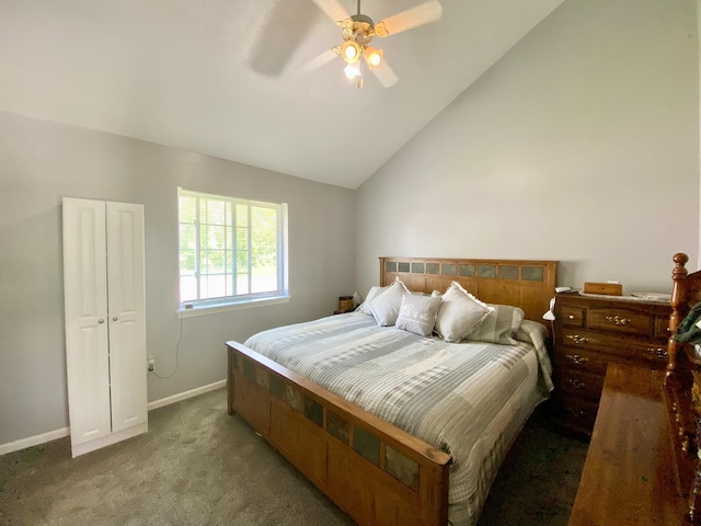 2476 W Branch Dr, West Branch, MI 48661 - carpeted bedroom with baseboards, lofted ceiling, and a ceiling fan