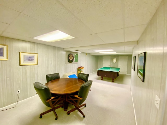 2476 W Branch Dr, West Branch, MI 48661 - rec room with billiards table, a paneled ceiling, carpet floors, and wooden walls