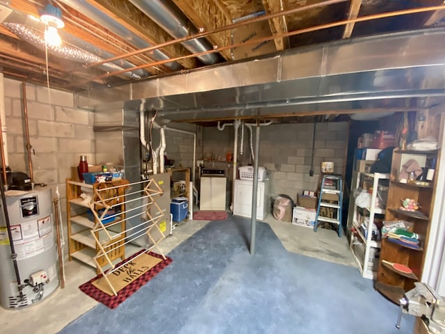 2476 W Branch Dr, West Branch, MI 48661 - unfinished below grade area with water heater, concrete block wall, and washing machine and dryer
