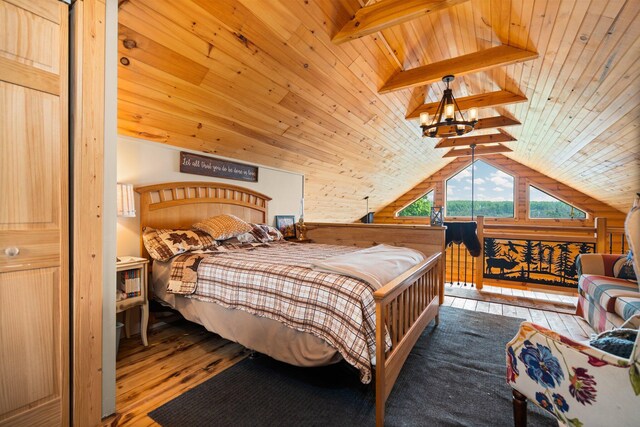 8406 S Shire Rd, Vanderbilt, MI 49795 - bedroom with hardwood / wood-style flooring, wooden ceiling, vaulted ceiling, and a chandelier