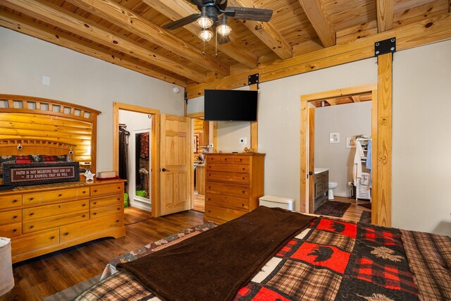8406 S Shire Rd, Vanderbilt, MI 49795 - bedroom featuring a wood ceiling with exposed beams, dark wood-type flooring, and connected bathroom