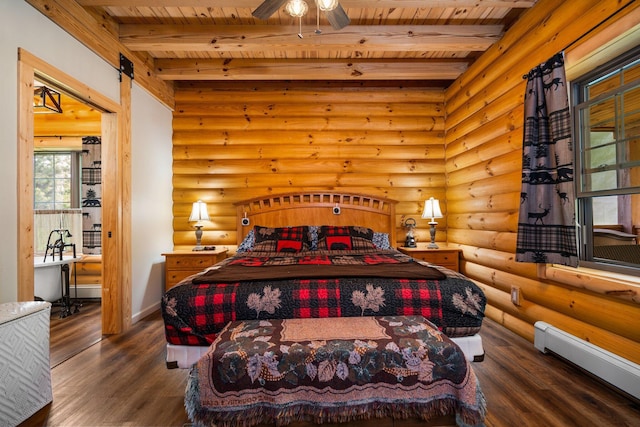 8406 S Shire Rd, Vanderbilt, MI 49795 - bedroom featuring a baseboard radiator, a wood ceiling with exposed beams, log walls, wood finished floors, and a barn door