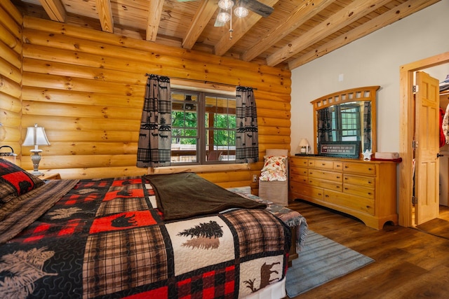 8406 S Shire Rd, Vanderbilt, MI 49795 - bedroom with rustic walls, a wood ceiling with exposed beams, and wood finished floors