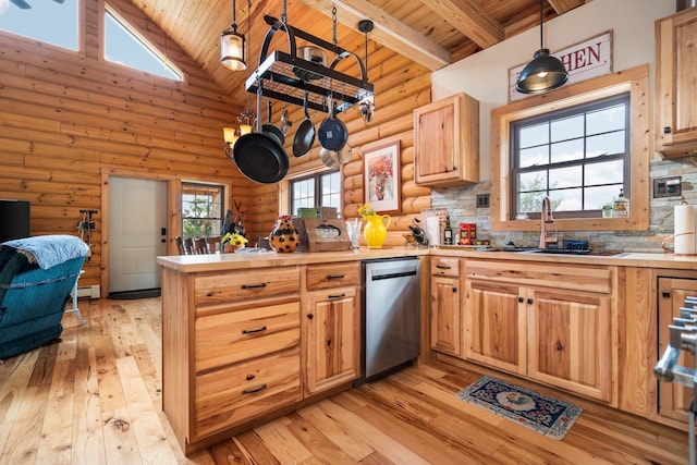 8406 S Shire Rd, Vanderbilt, MI 49795 - kitchen featuring dishwasher, a wood ceiling with exposed beams, a peninsula, rustic walls, and light wood-style floors