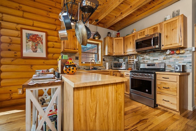 8406 S Shire Rd, Vanderbilt, MI 49795 - kitchen featuring appliances with stainless steel finishes, a wood ceiling with exposed beams, butcher block counters, backsplash, and light wood-style floors