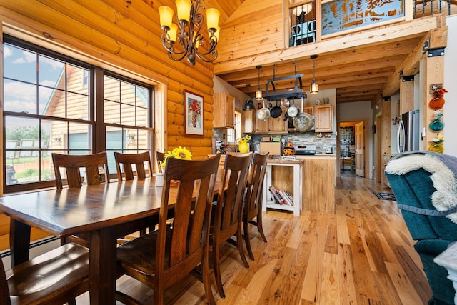 8406 S Shire Rd, Vanderbilt, MI 49795 - dining space featuring a chandelier, light wood-style floors, baseboard heating, a towering ceiling, and wood ceiling