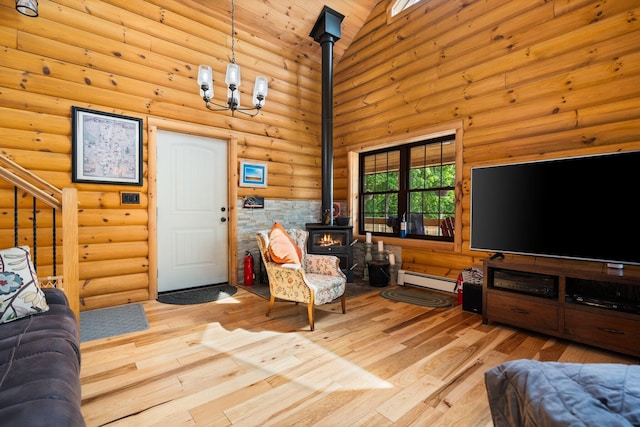 8406 S Shire Rd, Vanderbilt, MI 49795 - living room with a wood stove, log walls, a baseboard radiator, hardwood / wood-style flooring, and stairs
