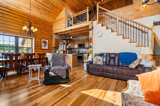 8406 S Shire Rd, Vanderbilt, MI 49795 - living area featuring wooden ceiling, a chandelier, light wood-style flooring, high vaulted ceiling, and stairs