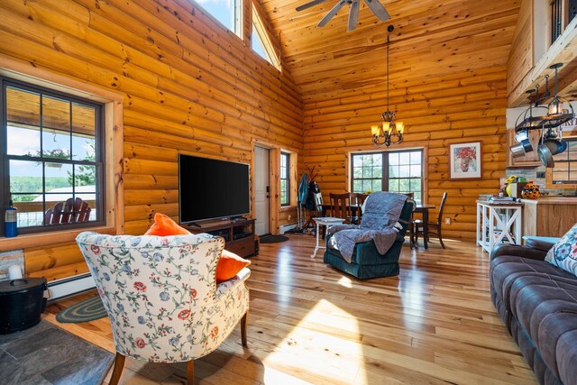 8406 S Shire Rd, Vanderbilt, MI 49795 - living area featuring high vaulted ceiling, a chandelier, baseboard heating, ceiling fan, and light wood-type flooring