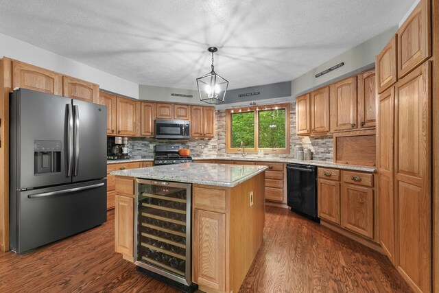 211 Gardners Grv, Roscommon, MI 48653 - kitchen featuring appliances with stainless steel finishes, beverage cooler, dark wood-style flooring, tasteful backsplash, and a textured ceiling