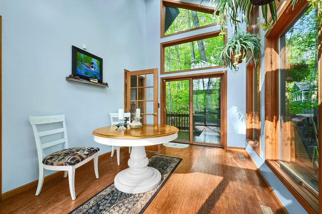 211 Gardners Grv, Roscommon, MI 48653 - dining space featuring wood finished floors, baseboards, and a high ceiling