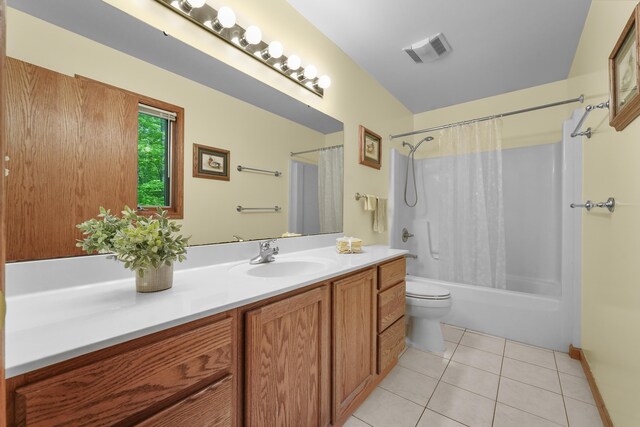 211 Gardners Grv, Roscommon, MI 48653 - full bath featuring toilet, vanity, tile patterned floors, and shower / bathtub combination with curtain