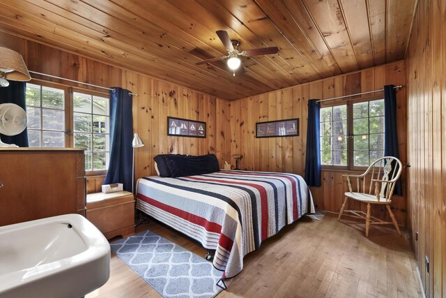 215 Pine Bluffs Rd, Roscommon, MI 48653 - bedroom with wood finished floors, wood walls, and wood ceiling