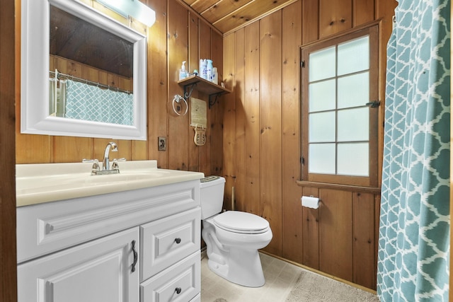 215 Pine Bluffs Rd, Roscommon, MI 48653 - full bathroom featuring vanity, healthy amount of natural light, toilet, wood walls, and wood ceiling