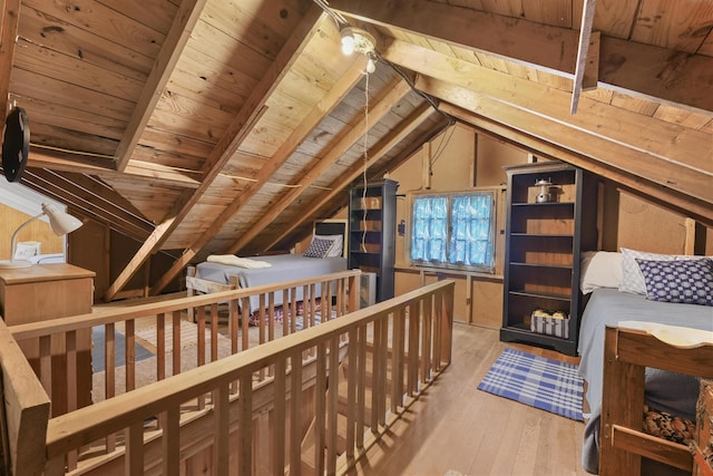 215 Pine Bluffs Rd, Roscommon, MI 48653 - bedroom featuring wood ceiling, hardwood / wood-style flooring, and vaulted ceiling
