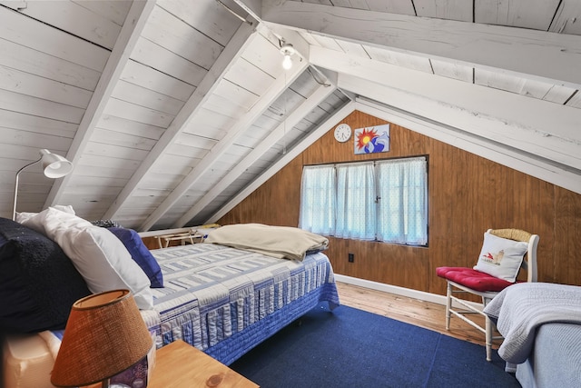 215 Pine Bluffs Rd, Roscommon, MI 48653 - bedroom with hardwood / wood-style flooring, wooden walls, and wood ceiling