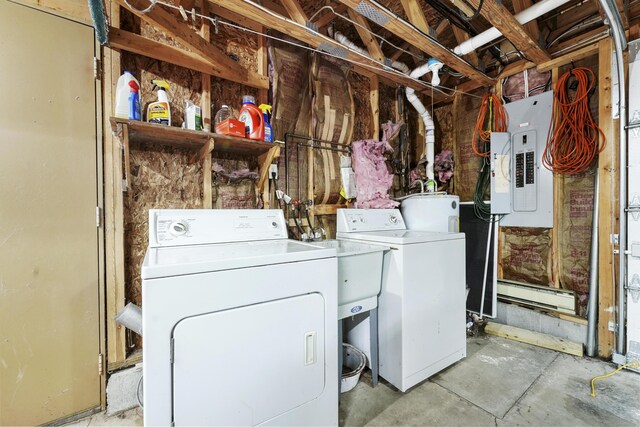 215 Pine Bluffs Rd, Roscommon, MI 48653 - washroom with separate washer and dryer, a baseboard heating unit, electric panel, and water heater